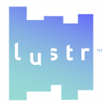 Lustr logo white lustr in a blue imperfect rectangle on a white background