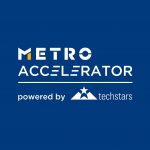 white letters on dark blue background metro accelerator powered by techstars white triangle with star on the top