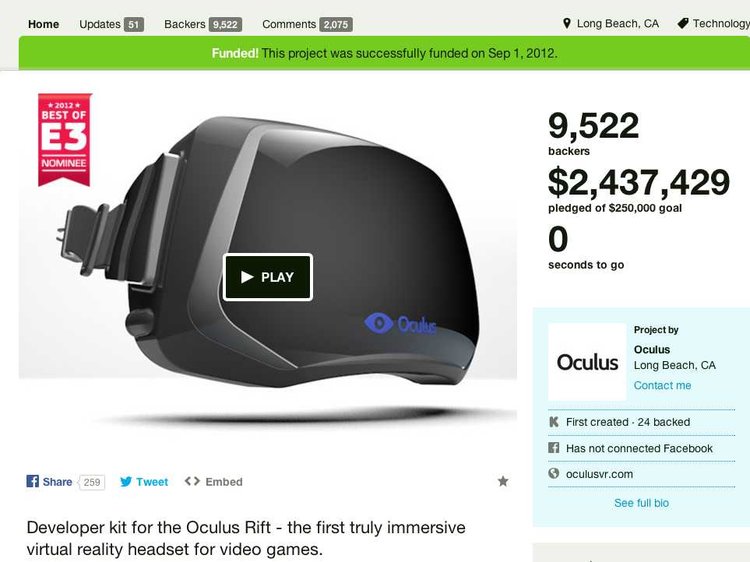 Occulus rift kickstarter page