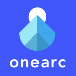 OneArc logo white sun, light blue triangle on a blue background