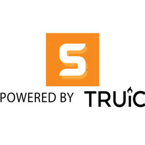 Powerd by tTruic with blakc letters s on the middle in a orange cube on a transparent background