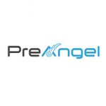 preangel logo black and blue text with wing in the middle white background