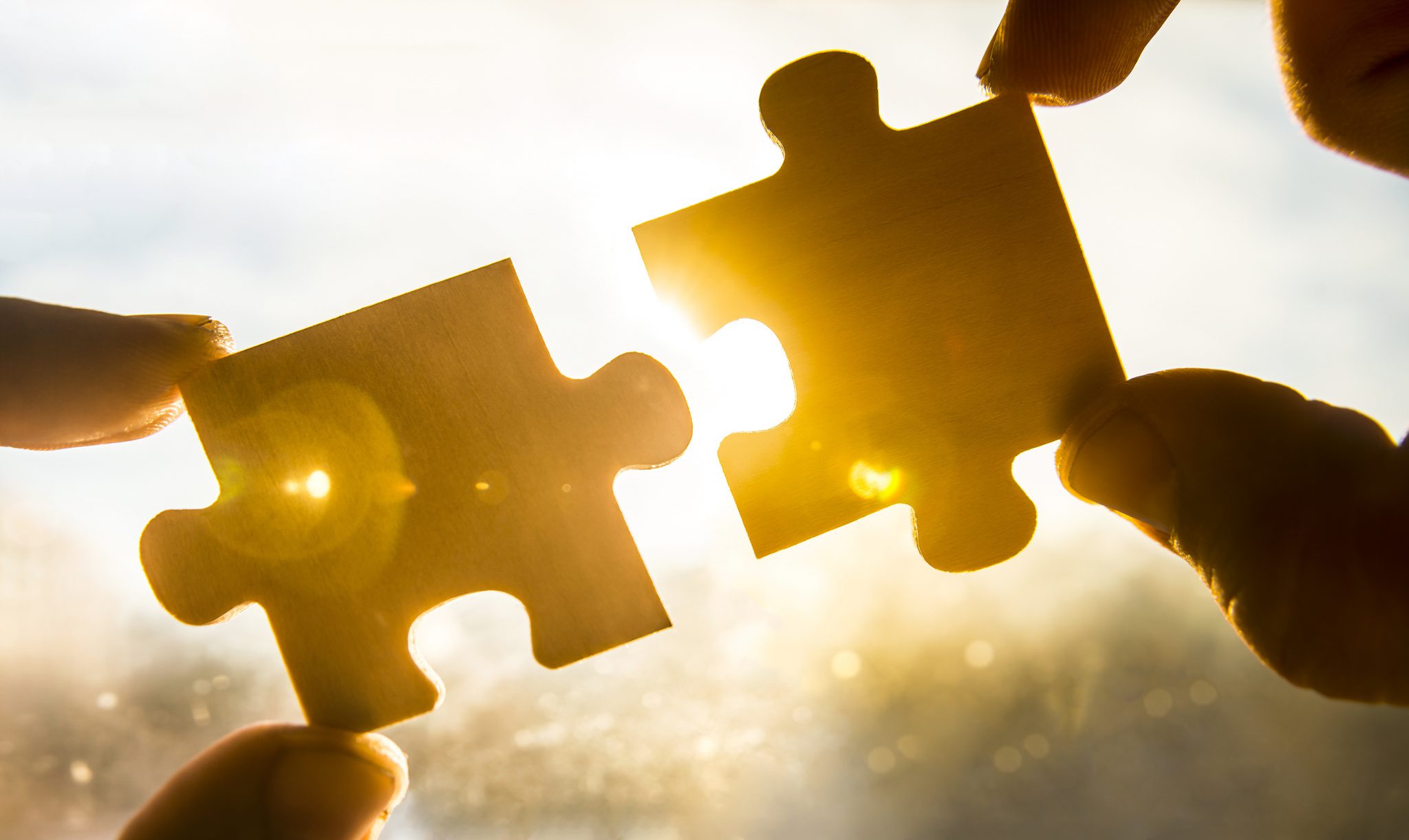 jigsaw hands holding jigsaw pieces with sun behind