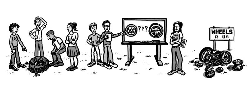 a cortton depicting the reinvention of the modern wheel