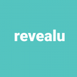 Revealu logo white revealu on a hazel blue background