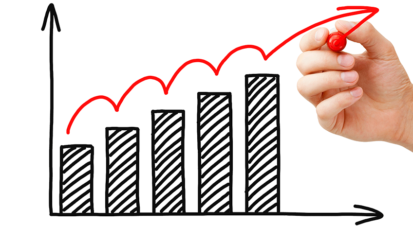 hand-drawn bar chart with growth and hand