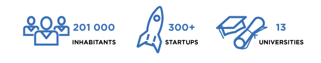 statistics on the number of inhabitants startups and universities black text blue images of rocket people and graduation cap and paper salt lake city utah usa