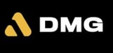 Logo of DMG. Colors: white and yellow on blackbackground