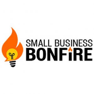 Small Business Bonfire logo with black letters and yellow bulb burning in flames and white background