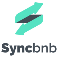 Syncbnb logo with grey lettering and a green coiled arrow shape on white background