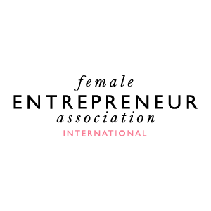 Female Entrepreneur Association international logo with black and pink letters on a transparent background