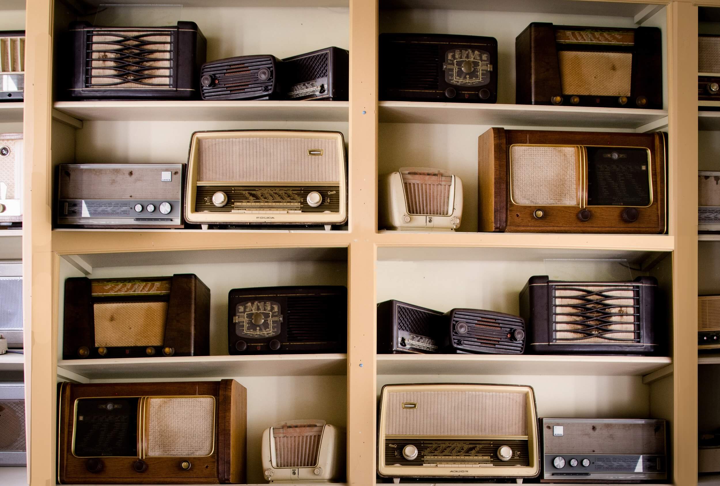 shelf with old radios