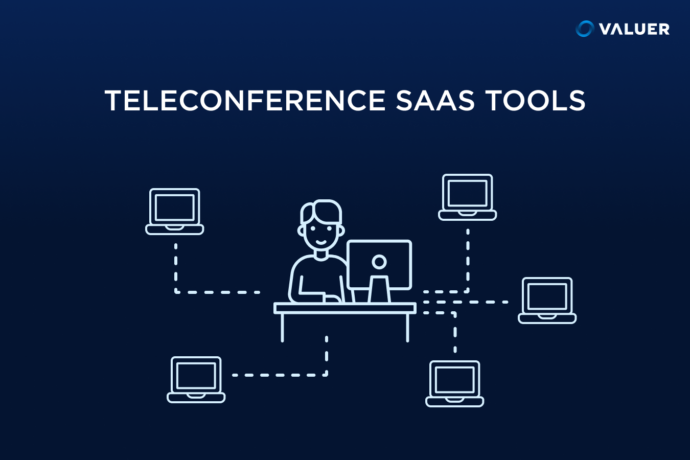 Teleconference Saas Tools depicting a person sitting at a computer that is connected to other various computers
