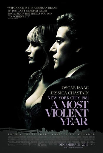 A most violent year movie poster - a man and woman in shadowed profile on a black background with purple lettering overlaid