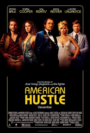 American hustle movie poster - 3 men and 2 women look at the camera wearing suits and dresseson a black background, yellow and white text overlaid