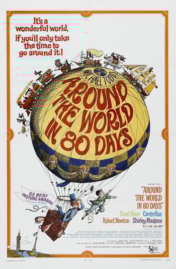 Around the world in 80 days movie poster - cartoon of an air balloon with trains and boats moving across it, one man sits in the basket and another hangs from a rope, the title of the film is in red on the balloon, background is white
