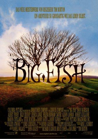 Big fish movie poster - trees with branches that shape with the words 'big fish' in a green landscape with blue skies, white text overlaid