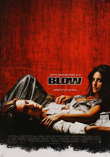 Blow movie poster - a man and a woman laying down holding each other look at the camera on a red background, black text overlaid