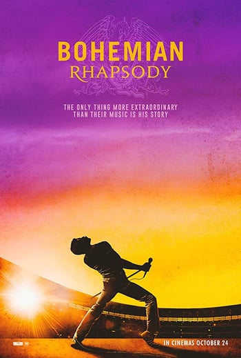 Bohemian rhapsody movie poster - silhouette of a man arching back holding a microphone against a purple and orange background