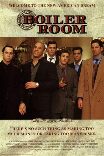 Boiler room movie poster - five men wearing suits holding glasses of wine in a room with beige wallpaper, red and black lettering overlaid
