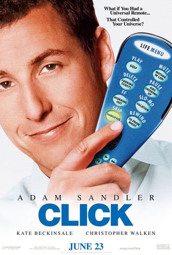Click movie poster - close up of a mans face holding a blue remote on a white background, blue text overlaid