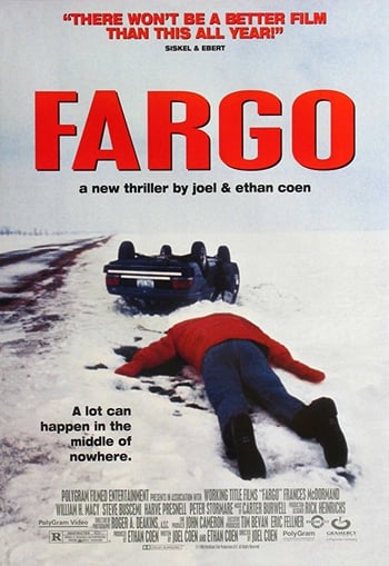 Fargo movie poster - man lies face down in the snow in a pool of bllod, in the background there is an over-turned car, red lettering overlaid
