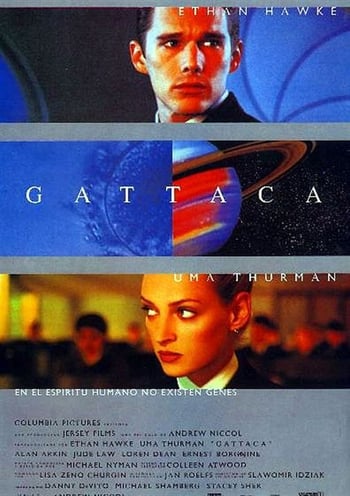 Gattaca movie poster a man and a woman wearing suits look off to the side, separately a ringed planet is featured