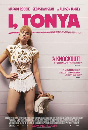 I, Tonya movie poster - a girl wearing an ice skating costume and holding ice skates stands against a white brick wall with pink lettering overlaid