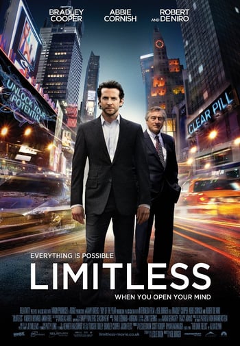 Limitless movie poster - two men wearing suits stand against a backdrop of a time lapse image of a new york street, white text overlaid