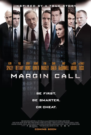Margin call movie poster - a group of men and women wearing suits look at camera, image of numbers overlaid, black background, white text overlaid