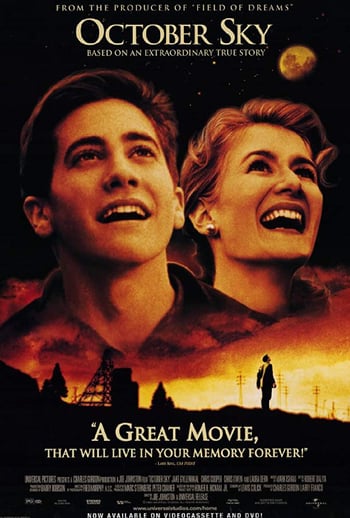 October sky movie poster - a man and a woman look up to the sky, separately a man stands next to rocket apparatus looking up to the sky, all in sepia tone on a black background