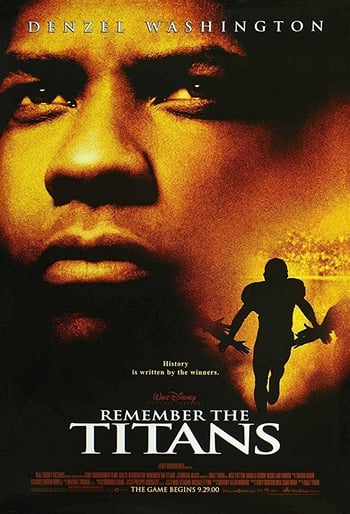 Remember the titans movie poster - close up of a mans face, separately an american football player in silhouette, all with a golden filter applied, white lettering overlaid