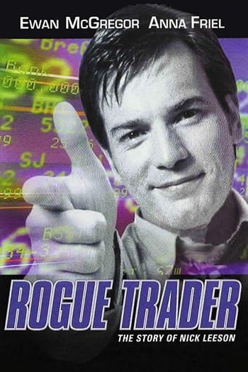 Rogue Trader movie poster - man stares into the camera smiling and pointing at the camera, background is purple with green numbers and letters, purple and white text is overlaid