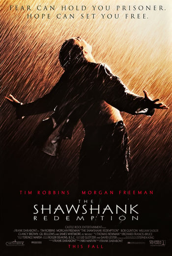 Shawshank redemption movie poster - a man stands in the rain with his shirt unbuttoned looking up to a light source, white and red text overlaid