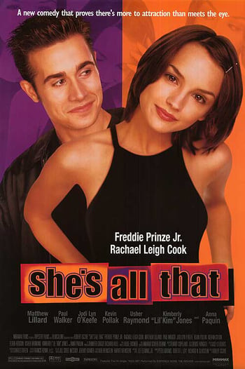 She's all that movie poster - a woman wearing a black halter neck top and a man wearing a black shirt on a purple and orange background, black and white lettering overlaid