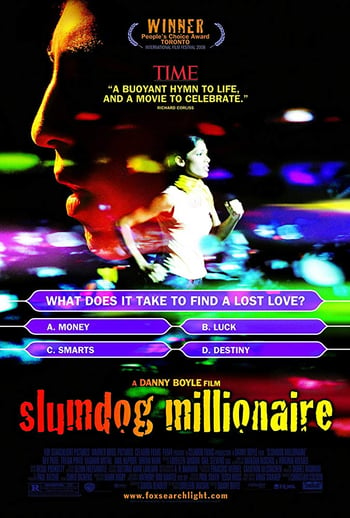 Slumdog millionaire movie poster - a girl runs through blurred neon lights on a black background, a boys face is overlaid but transparent, a multiple choice question panel and red and yellow lettering is overlaid