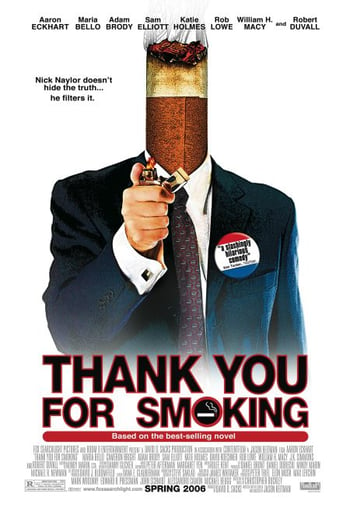 Thank you for smoking movie poster - man wearing a suit holding a lighter has a cigar for a head. white background, red and black text overlaid