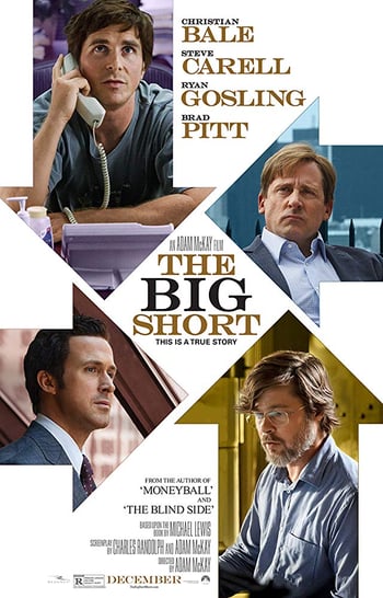 The big short movie poster - four men wearing suits are placed in graphic of arrows on a white background, black text overlaid