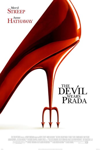 The devil wears Prada movie poster - red high heel but the heel is a devils trident, white background, black text