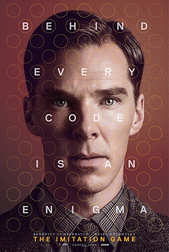 The imitation game movie poster close up of a mans face wearing a suit on a brown background, white text overlaid