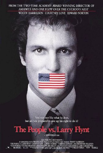 The people vs Larry Flint movie poster - close ups of a man's face wearing up a suit with an american flag covering his mouth, in black and white, red text overlaid