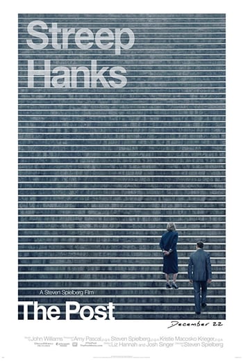 The post movie poster - a woman and a man in suits stand on steps, the image has a blue/grey filter, white lettering overlaid