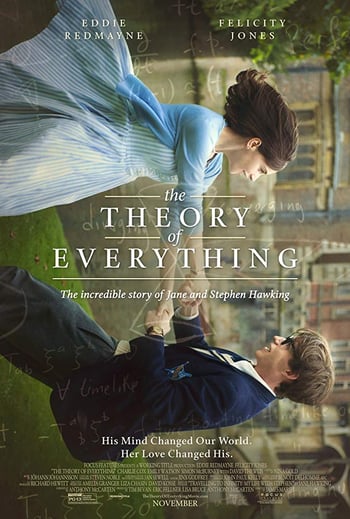 The theory of everything movie poster - a man wearing a suit and a woman wearing a dress hold hands twirling around in the garden of an old house, white text overlaid