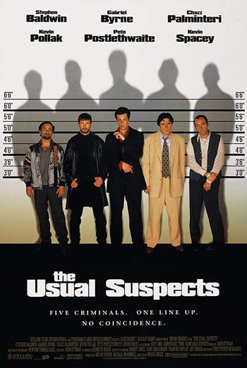 The usual Suspects movie poster - five men stand in a police line-up with long shadows going up the wall, black lettering overlaid