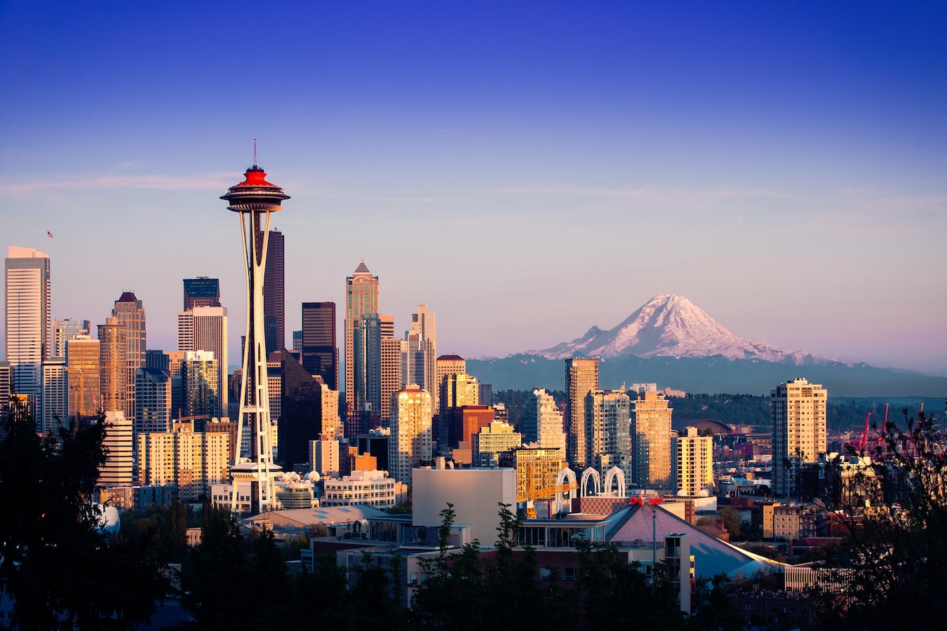 downtown seattle with mt. saint helens in the background