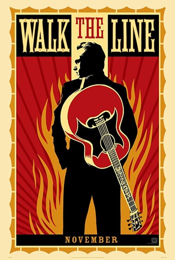 Walk the line movie poster - cartoon of a man in black with a red guitar surrounded by flames