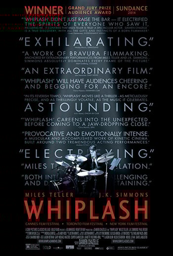 Whiplash movie poster - boy in a suit sits with a drum kit in a spotlight, blue filter applied, black background, white and red text overlaid