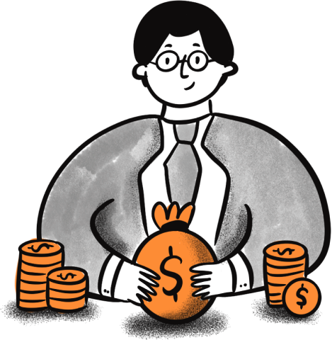 Man sits with a money bag and coins