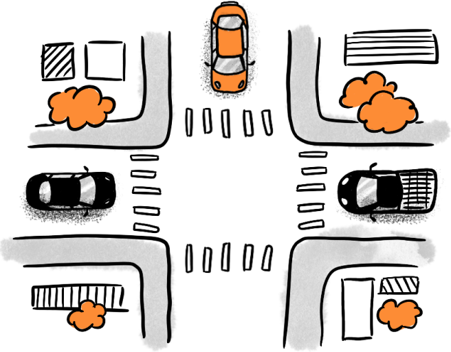 Sky view illustration of 3 cars coming to an intersection